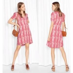 & Other Stories Knee Length Dress US 8 Pink Red Coral Reef Print Coconut Girl